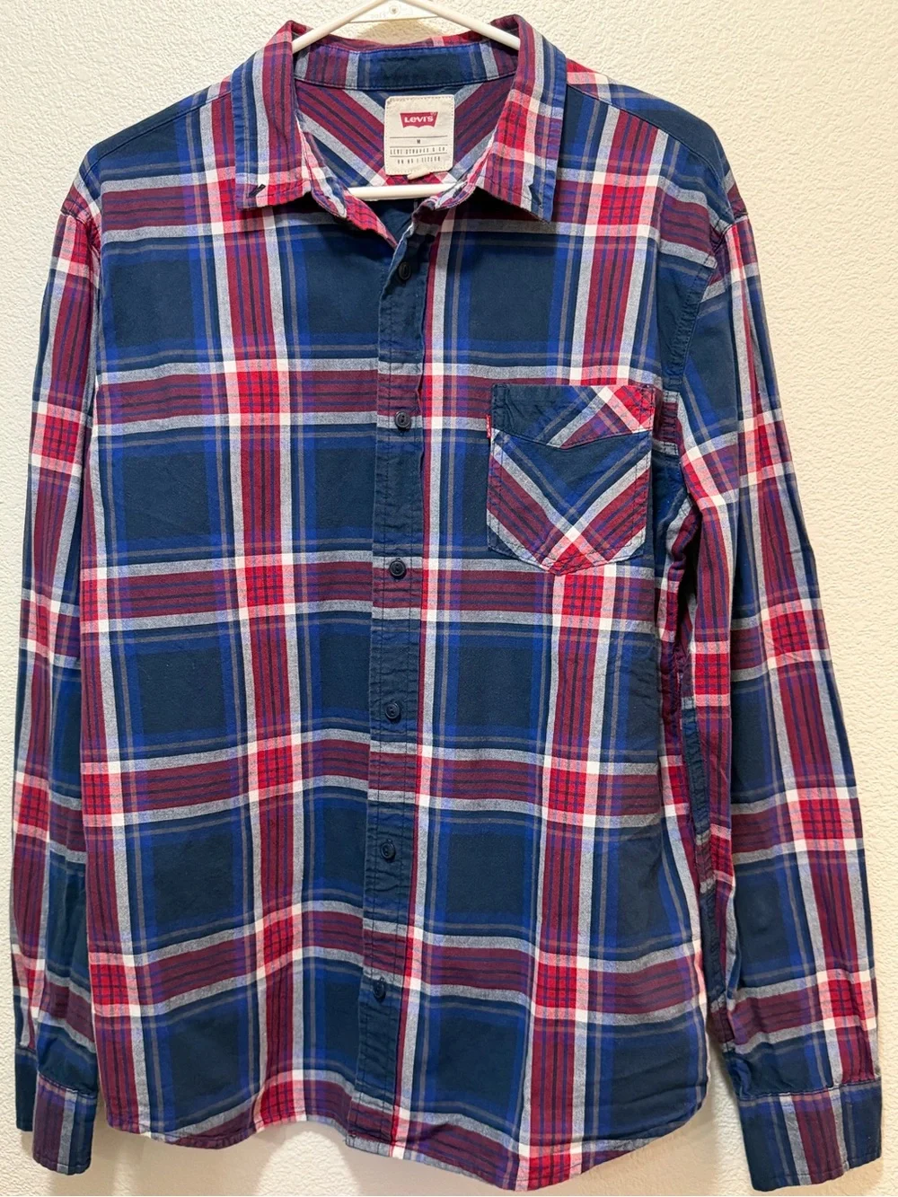 Levi's red and blue plaid button down, long sleeve, men's medium